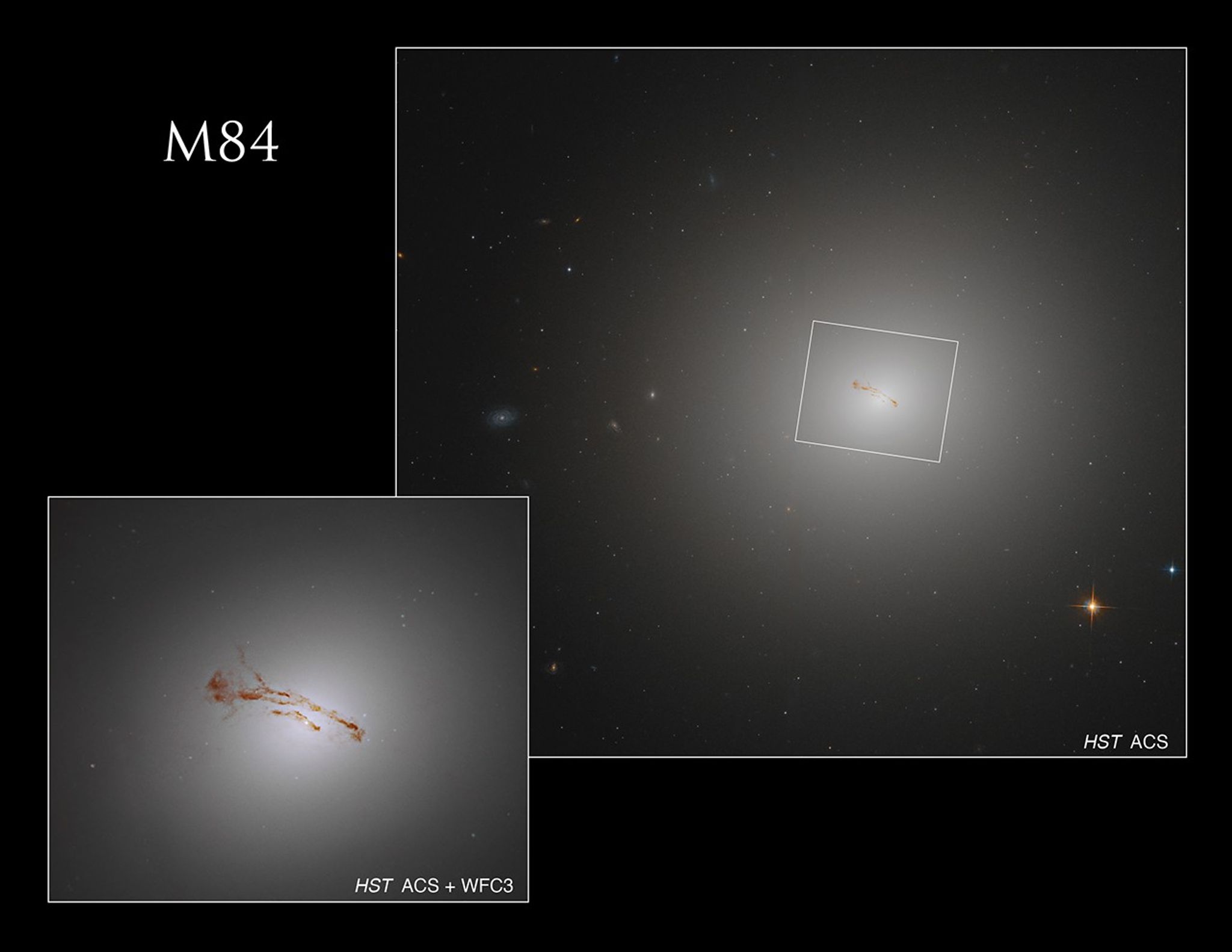 Two views of the elliptical galaxy M84. One larger view fills the upper-right side of the image. The galaxy appears as a bright,-white, hazy ball against a black background. A box around its core indicates the location of another image situated in the lower-left part of the image. That image holds a hazy ball of white light that fills the image frame. The ball is brighter toward the center of the image, becoming more diffuse toward the edges of the image. Bands of rusty-brown dust stretch across the core.