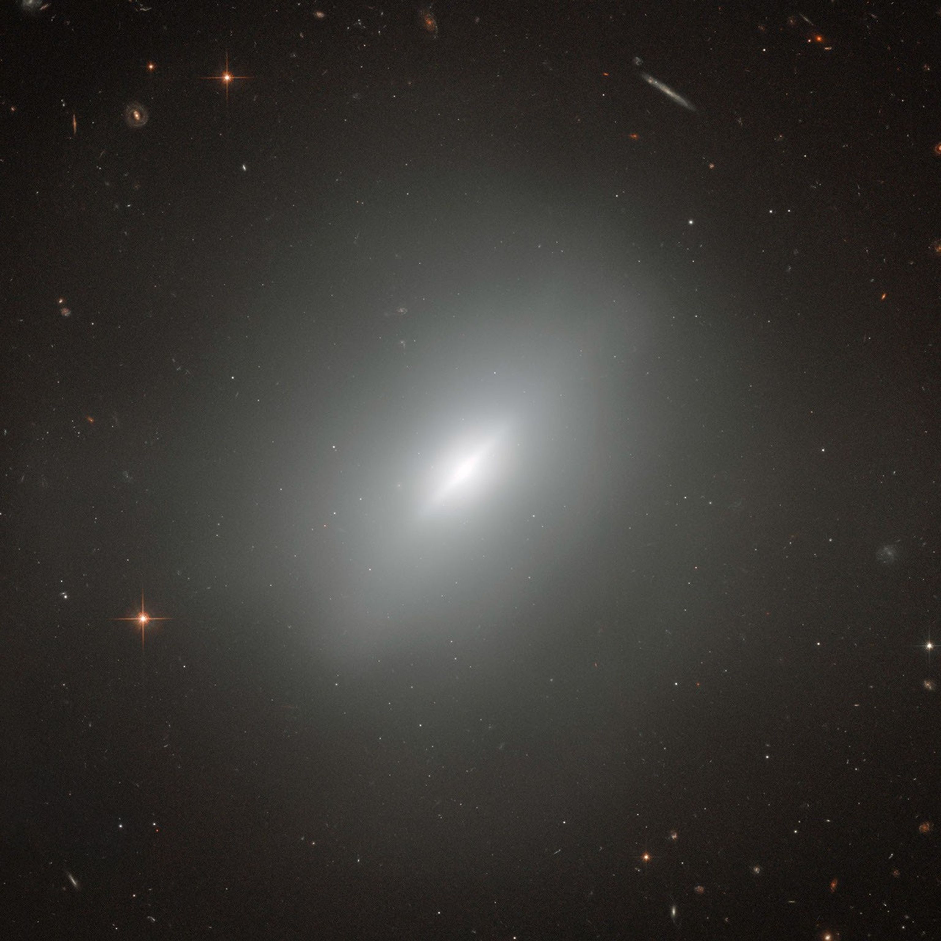 The soft white haze of light from the elliptical galaxy fills most of the image. At its core is a brighter, more defined disk.