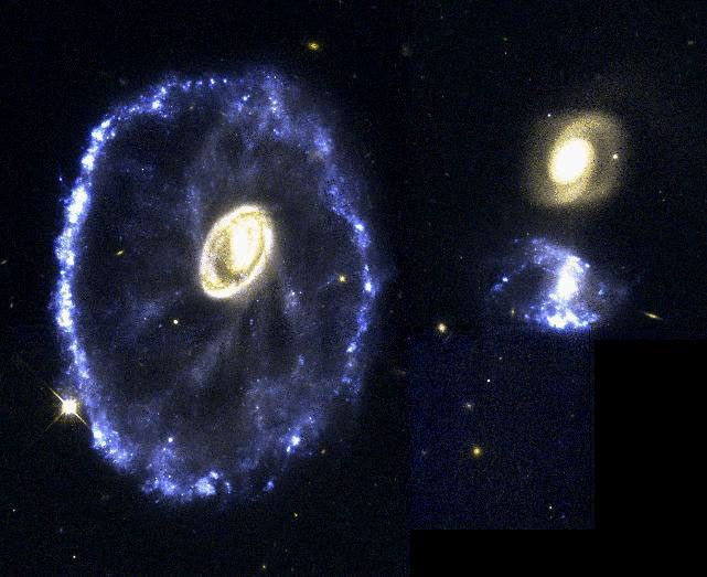The large galaxy on the left has a swirling yellow core and a blue ring around it, with thin hazy stars and gas in between. On the right are two small galaxies, a yellow spiral above a blue blob.