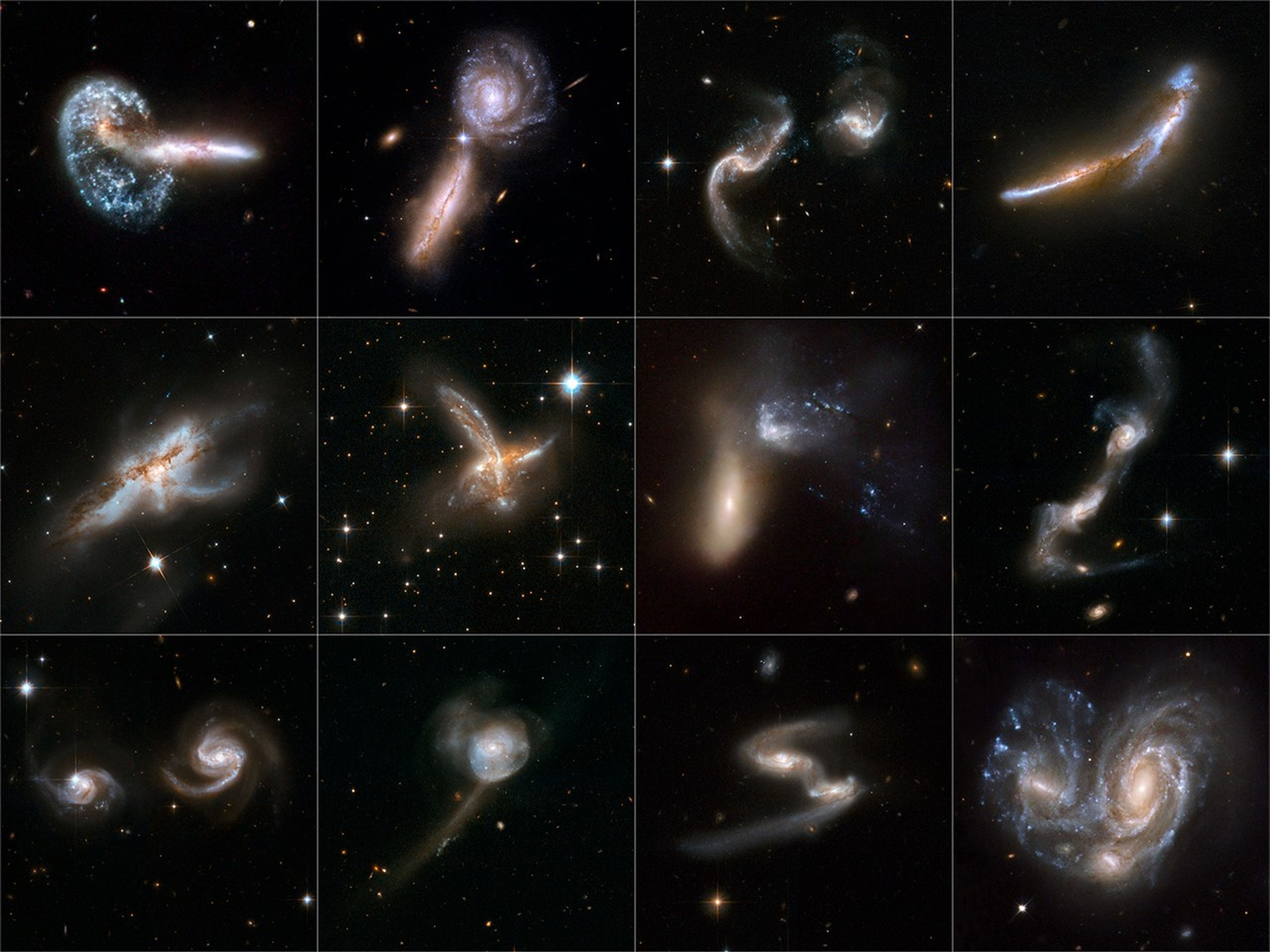 A grid of three rows and four columns, twelve images total, containing interacting galaxies of various shapes, sizes, and colors.