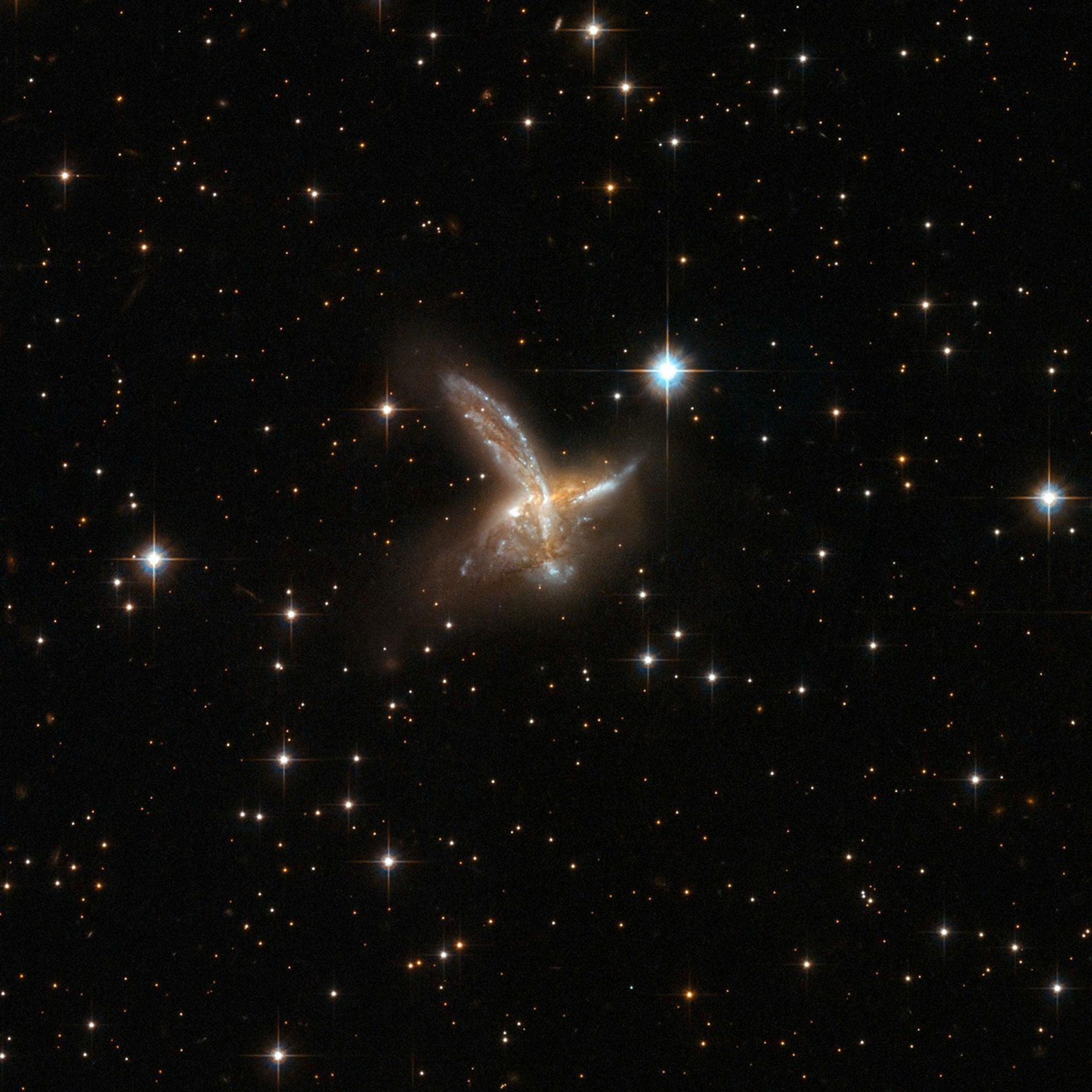 Two galaxies criss-crossing each other, together looking like the body and wings of a bird. Many bright foreground stars with crosshairs.