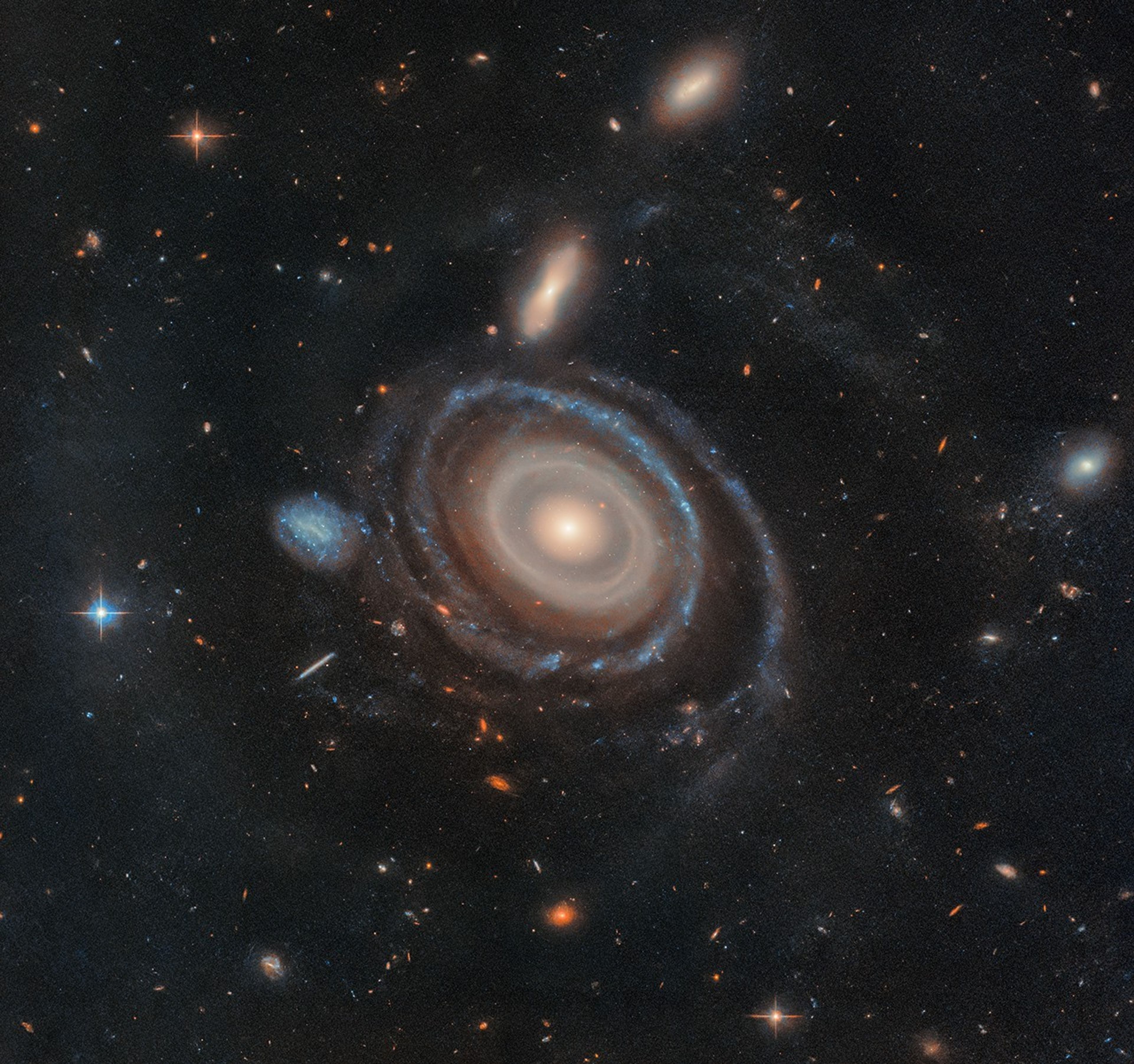En el centro hay una gran galaxia y a su izquierda hay otra mucho más pequeña. La gran galaxia, apodada Bullseye, está casi siempre de frente, pero la parte superior parece ligeramente inclinada hacia otro lado. Tiene varios anillos. Su núcleo circular es blanco brillante en el centro, pero de color amarillo claro en general. Hacia el exterior, hay huecos entre los anillos. El núcleo está rodeado por dos anillos de un amarillo ligeramente más claro, que también parecen superponerse. El siguiente anillo es ligeramente más transparente y amarillo. Los dos o tres anillos que están más lejos son más azules, a veces con grumos azules. El anillo más ancho también es azul, pero también el más transparente. A las 9 en punto hay una pequeña galaxia enana. Tiene aproximadamente el mismo tamaño que el núcleo amarillo de Bullseye. La galaxia enana es azul, con muchos puntos. Parece que el borde de Bullseye podría tocar la galaxia enana. Ambas galaxias están situadas sobre el fondo negro del espacio, que está salpicado de una variedad de galaxias de diferentes formas, colores y tamaños, junto con una estrella en primer plano a la izquierda.