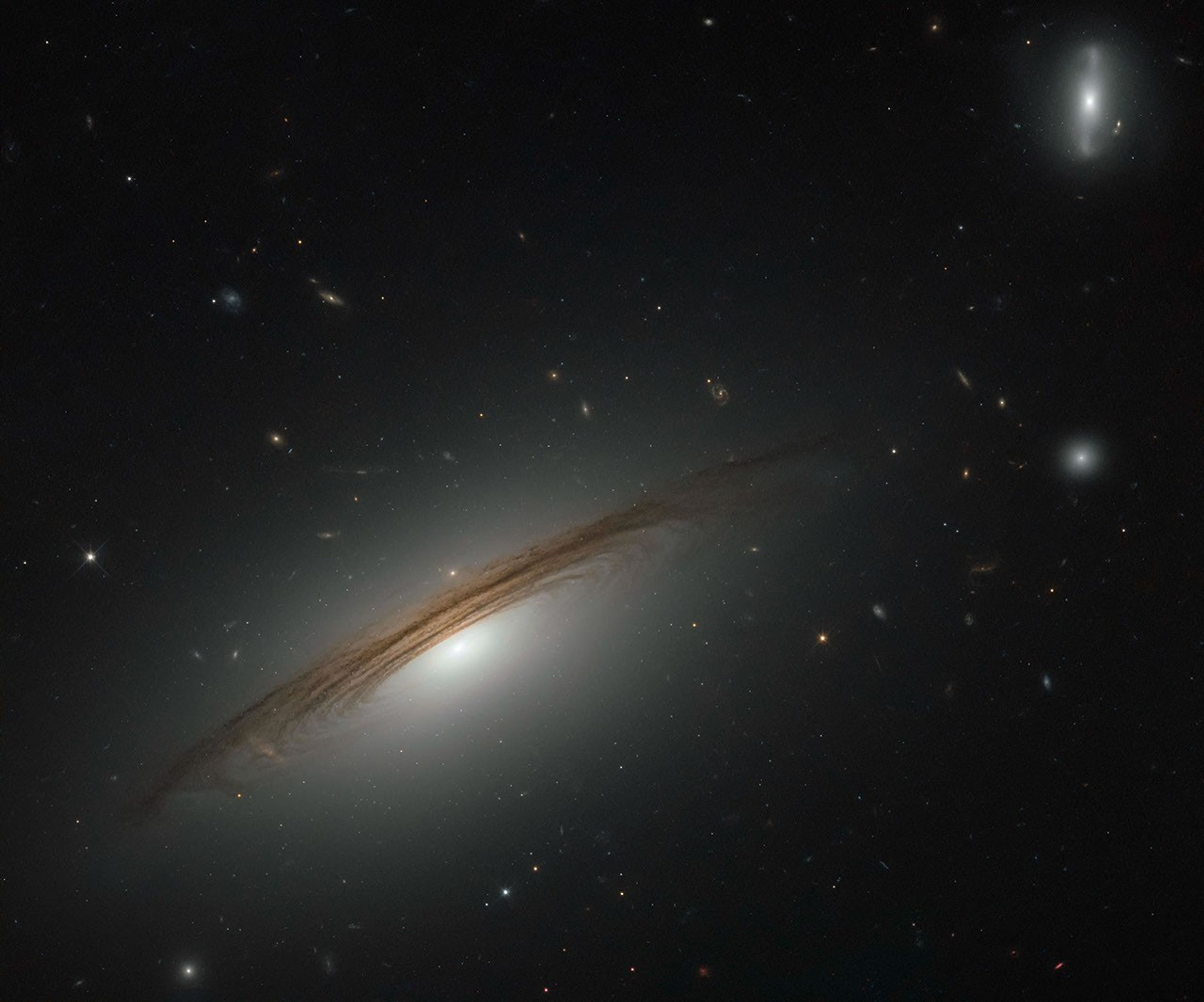 Wispy dark spirals outline the white center of a galaxy, with hundreds more stars and galaxies dotting the black background.
