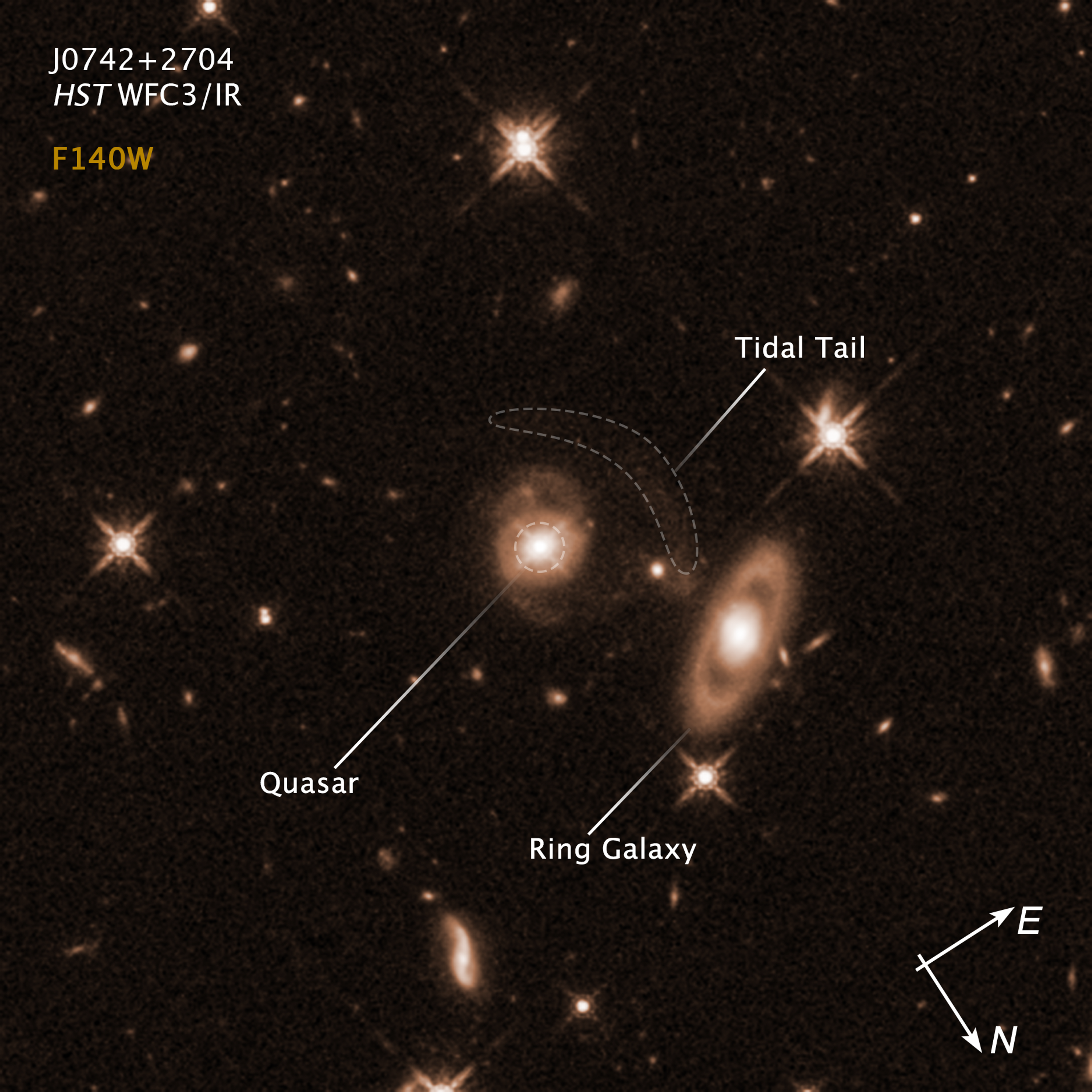 Field of yellow galaxies of various sizes and distances on a black background, with text and labels. Two larger galaxies are prominent. Centered is a galaxy with a bright core and faint spiral arms coming off its top and bottom. Its bright core is circled with a dotted line and labeled Quasar. To the upper right of the spiral galaxy, an arc of faint gas is outlined with a dotted line and labeled Tidal Tail. To the lower right of the spiral is the second prominent galaxy, with an apparent gap between its bright core and an oval of dust and gas surrounding it, labeled Ring Galaxy. At the lower right corner of the image a compass points to North at 5 o'clock and East at 2 o'clock. Text at the upper left corner of the image reads J0742+2704, HST, WFC3/IR. The Hubble filter is indicated with text reading F140W in the same yellow color used on for the stars and galaxies.