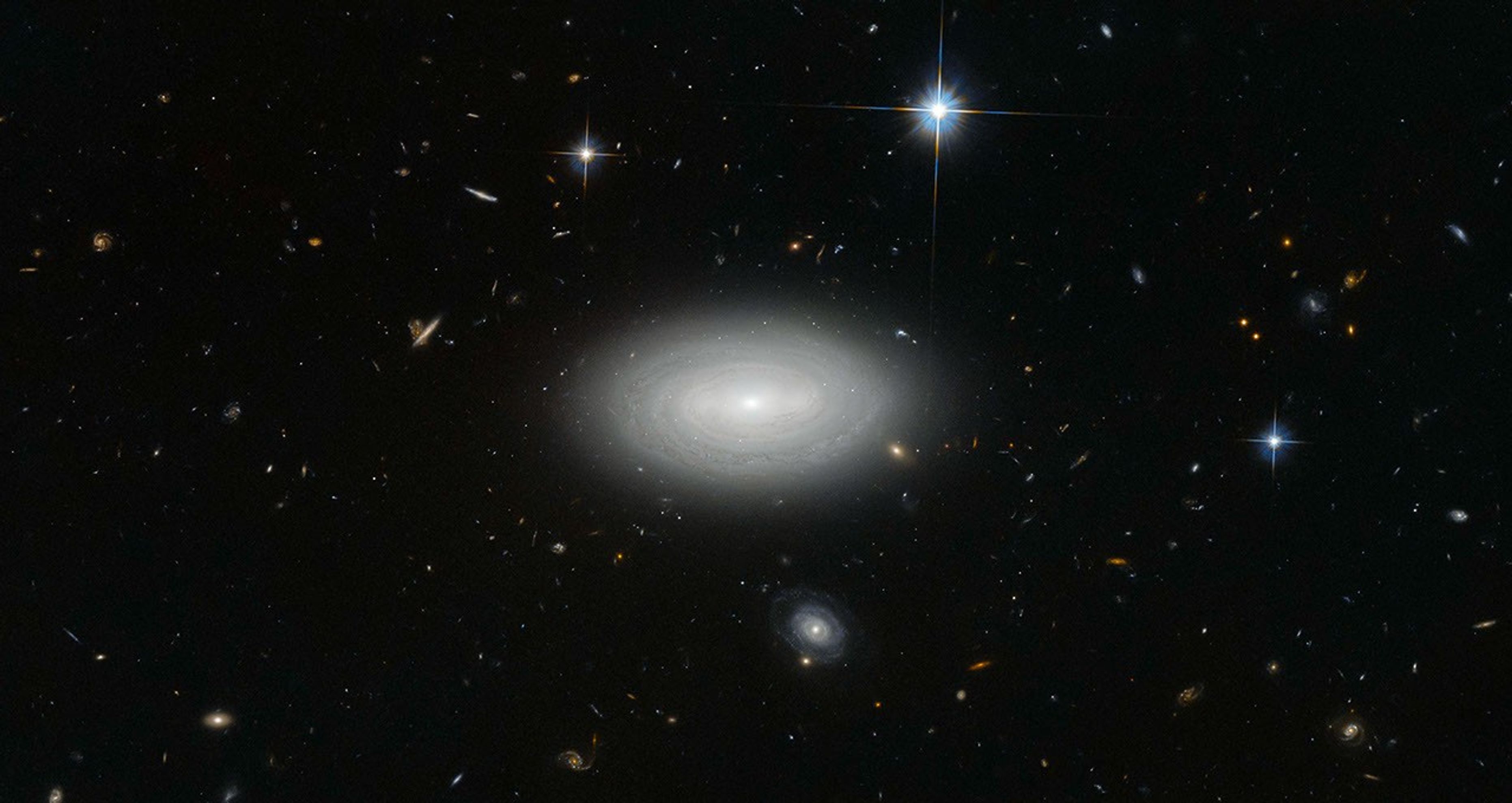 Three local stars and a white spiral galaxy against black space, with hundreds more galaxies of various shapes, sizes, and colors in the background.
