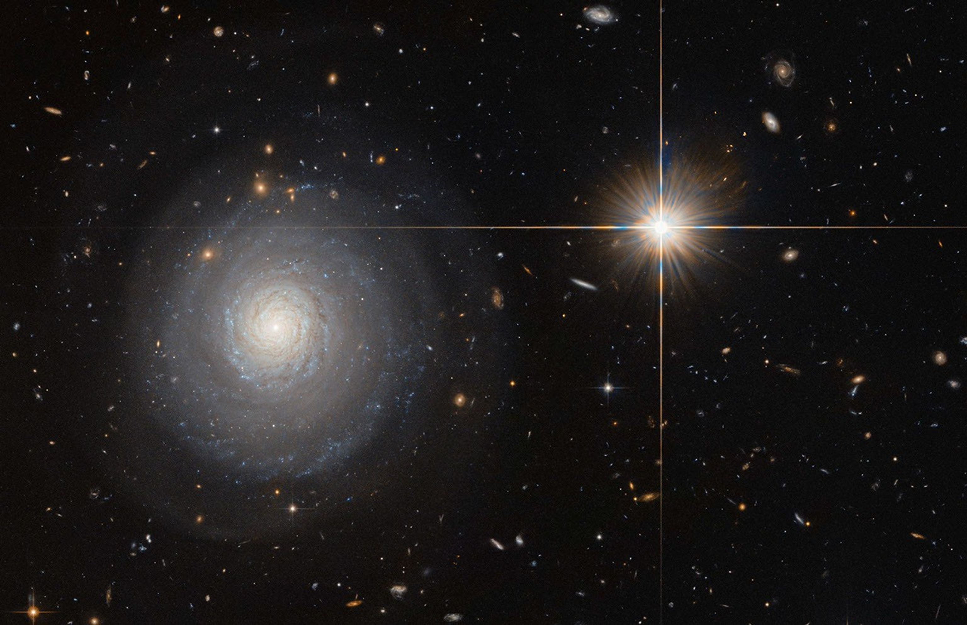A whitish spiral starburst galaxy on the left and a orangish star in our own galaxy on the right