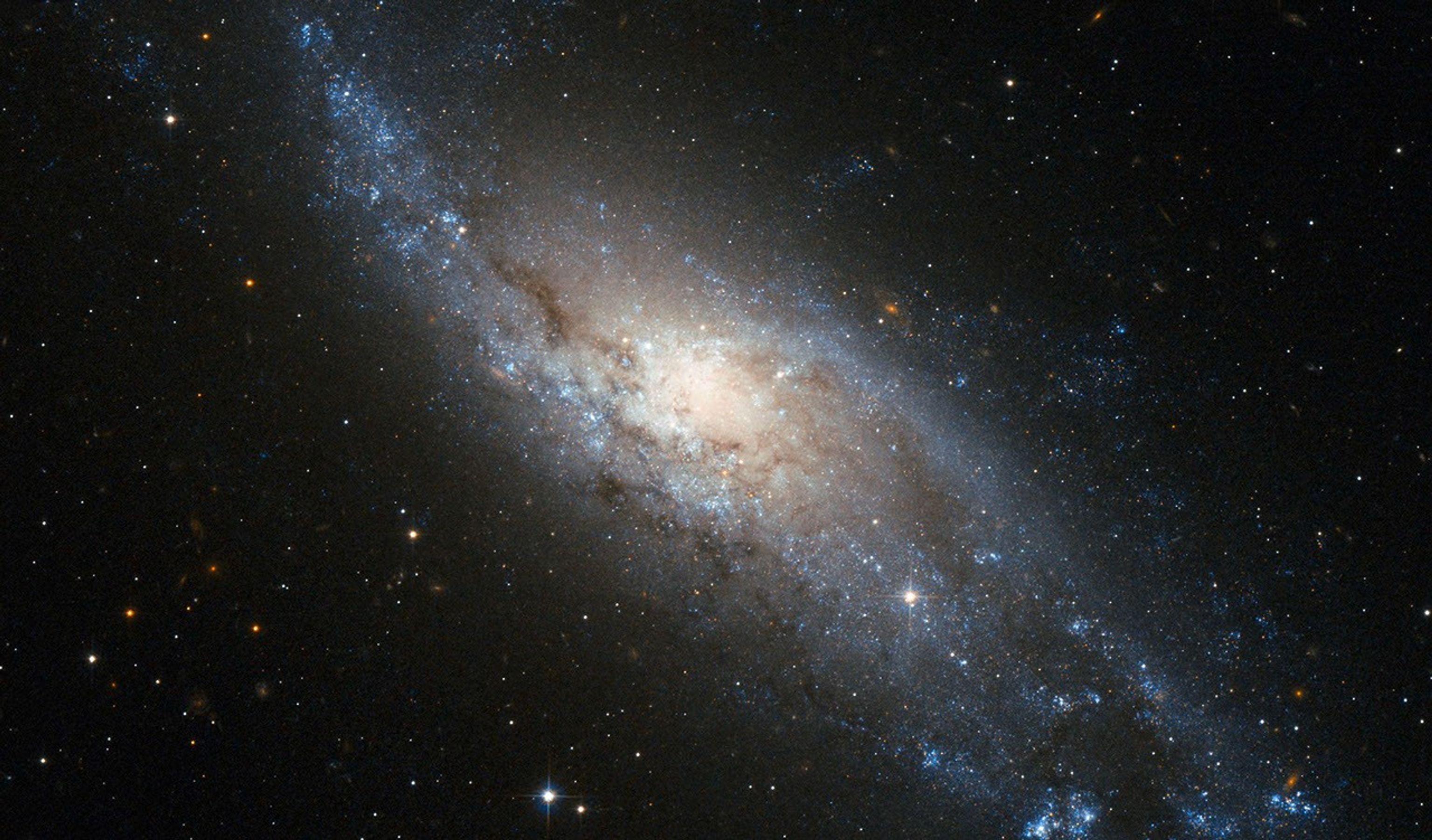 A bright glowing core, circled by reddish-brown dust. Blue-white arm of stars extend diagonally from the top-left to the bottom-right of the image, lined here and there with dark dust lines. Many more stars and galaxies dot the black background.