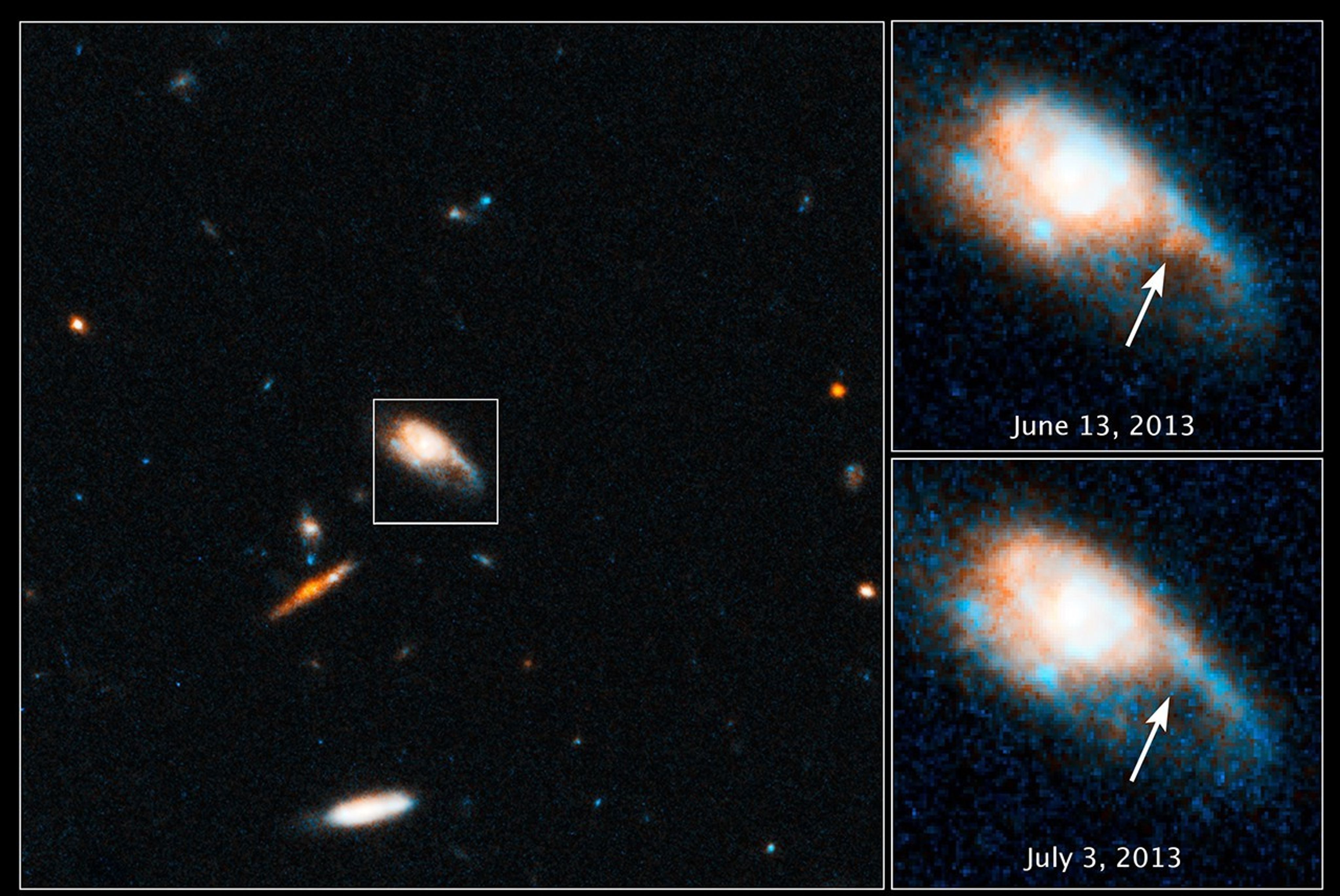 Three images, the largest is on the left ant takes up most of the image. It is an image of several galaxies. A white outline of a box surrounds the central galaxy. To the right are enlarged views of that central galaxy. One taken on June 13, 2013 (top). The other on July 2, 2013 (bottom).