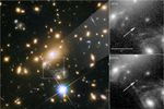 Left: Galaxies in the cluster. Right: Two expanded views that point out the gravitationally lensed star is.