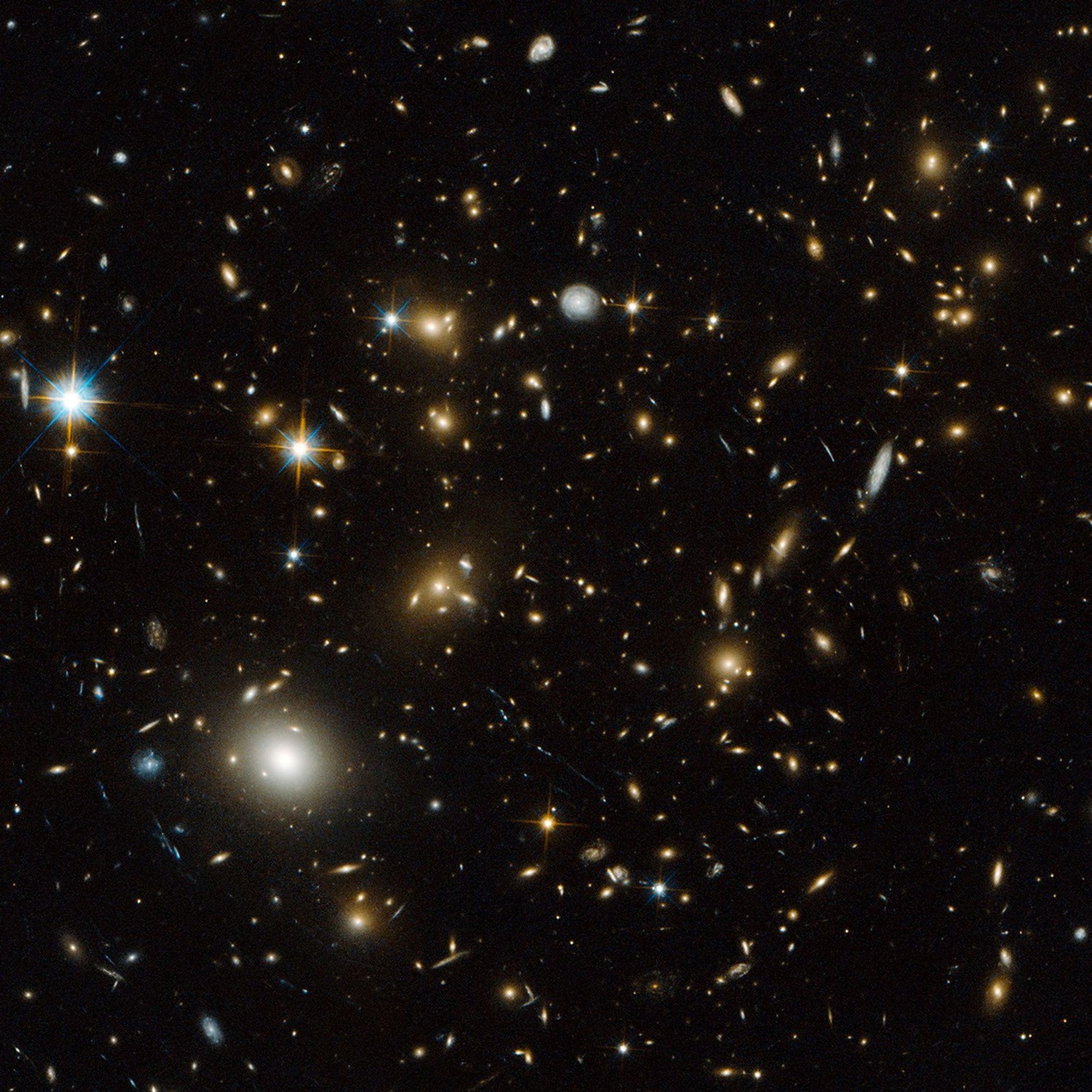 Large sample galaxies of different sizes and shapes, experiencing a lens-like distortion.