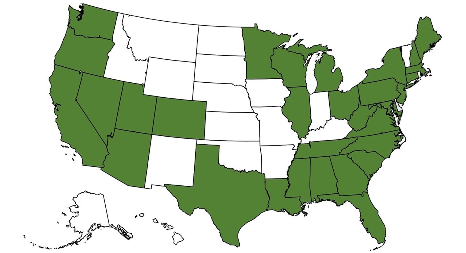 A map of the United States. States in green are locations of Hubble's academic and industrial partners. The states are Washington, Oregon, California, Nevada, Utah, Arizona, Colorado, Texas, Louisiana, Mississippi, Alabama, Georgia, Florida, South Carolina, North Carolina, Tennessee, Virginia, West Virginia, Maryland, Pennsylviania, Connecticut, New Jersey, New York, Massachusetts, New Hampshire, Maine, Ohio, Michigan, Wisconsin, Illinois, Minnesota