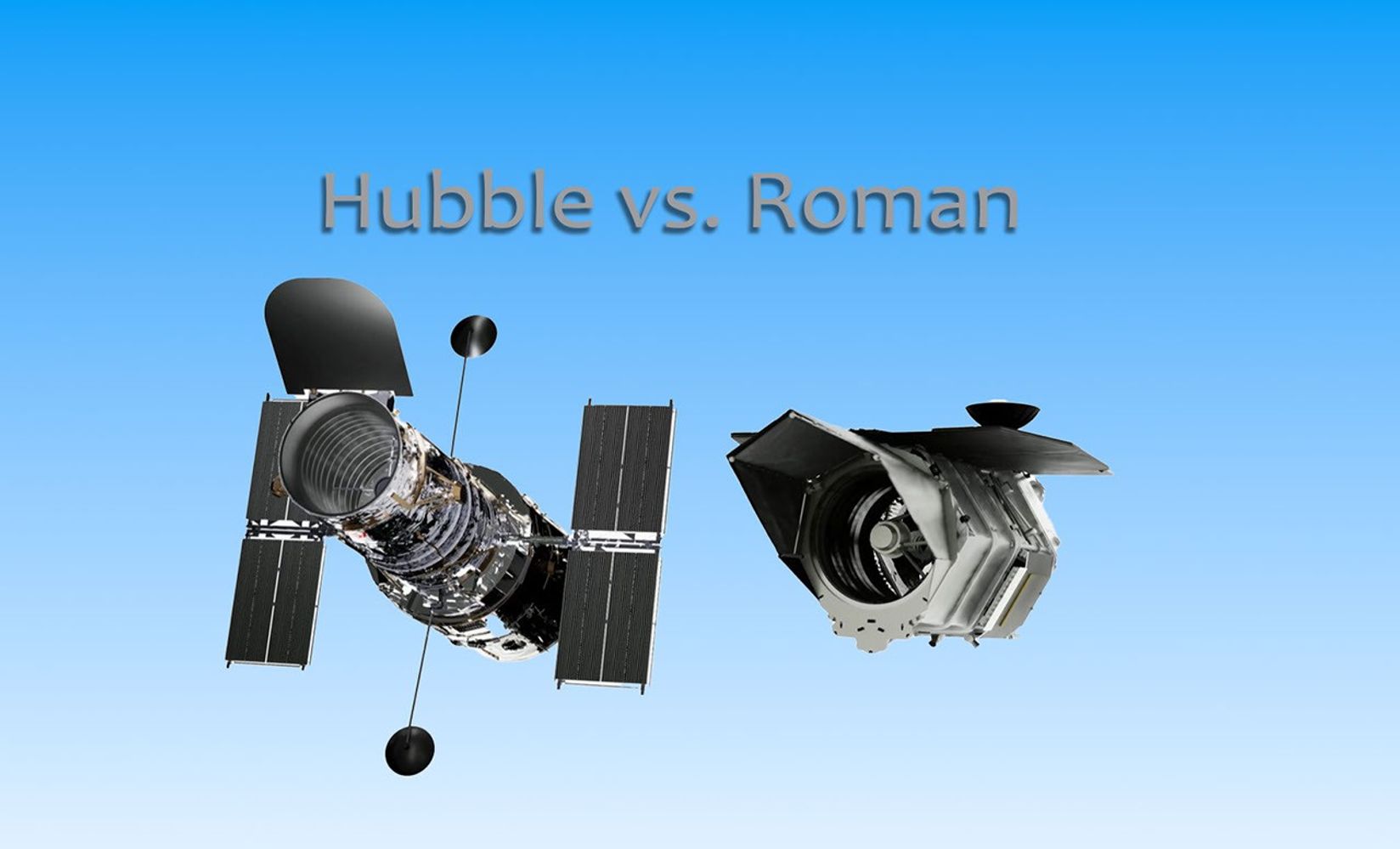 A black and white image of the Hubble Space Telescope on the left. A black and white image of the Nancy Grace Roman Space Telescope on the right. Both are on a blue background and the words, "Hubble vs. Roman" are above them.