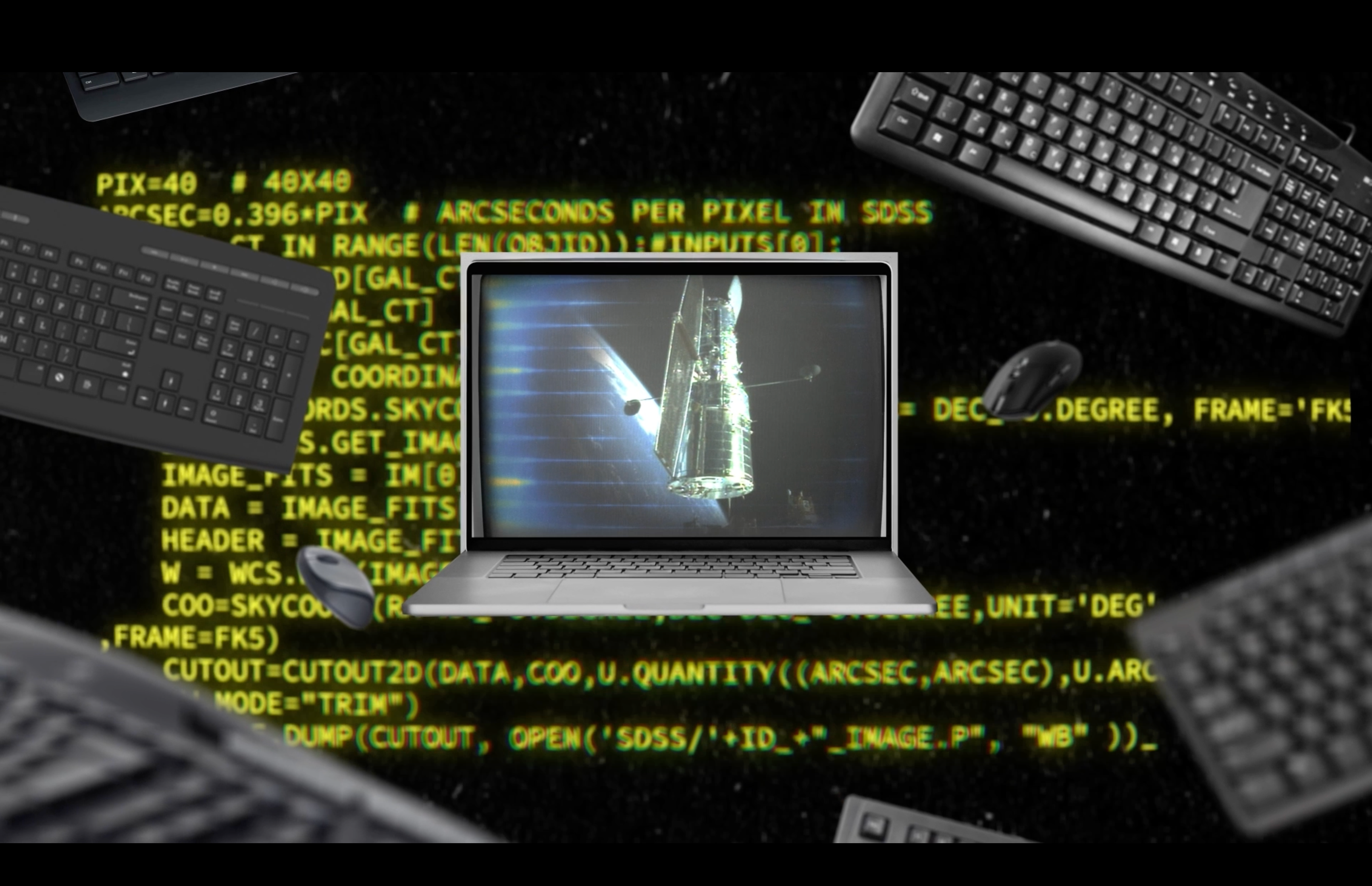 Hubble appears on the screen of a laptop surrounded by yellow, technical-looking digital text and keyboards