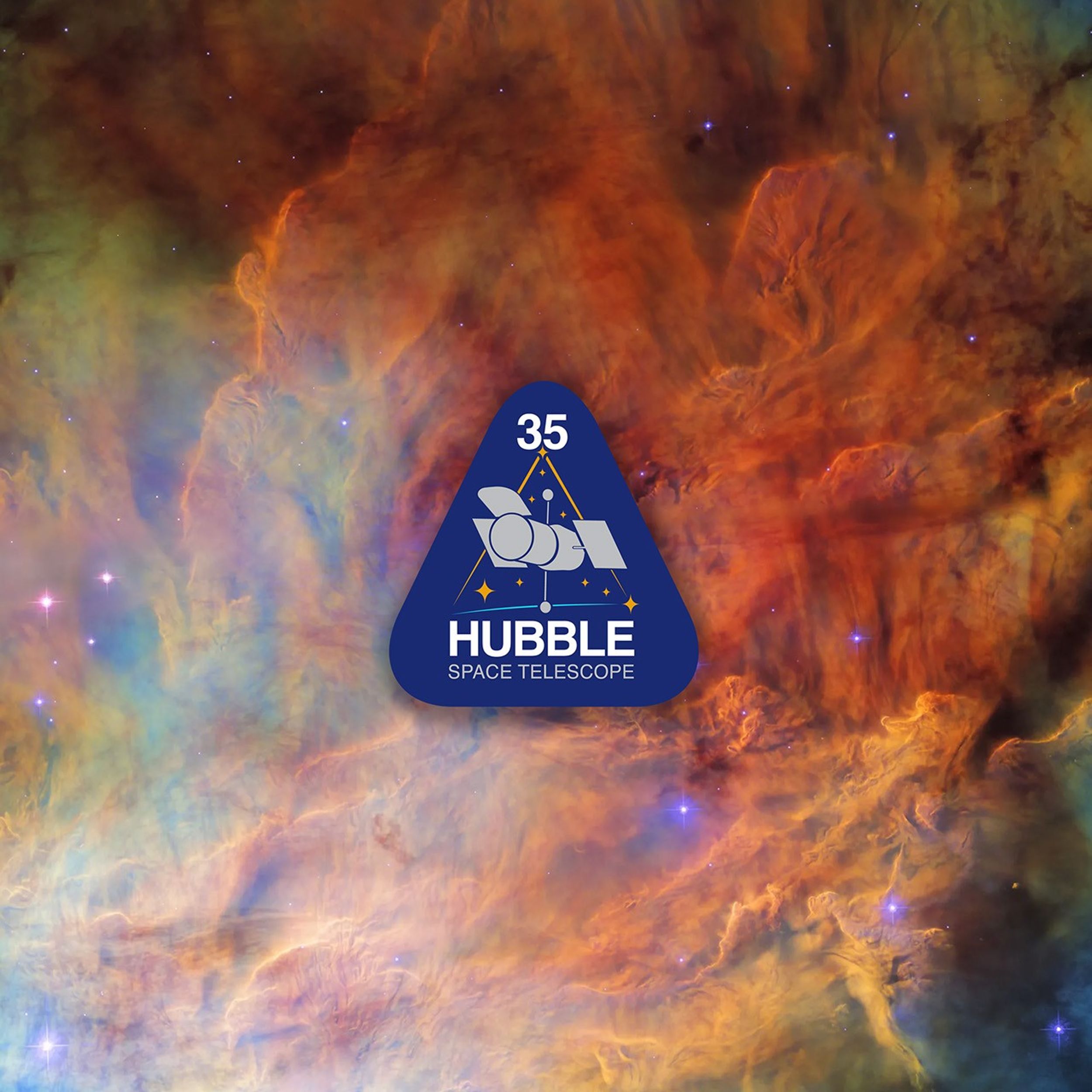 White text and line art representing the Hubble spacecraft in a blue triangle with a colorful background