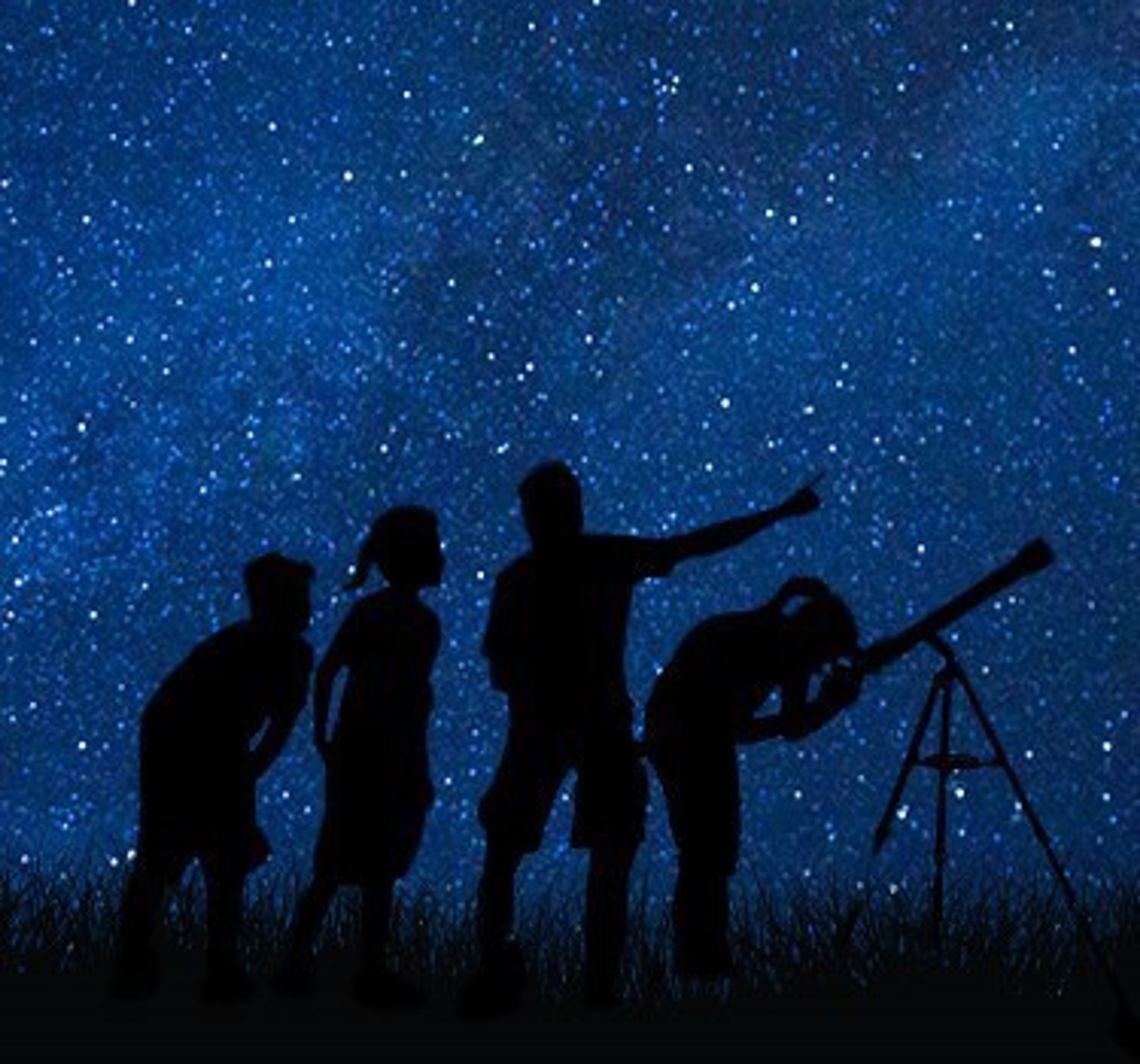 Dark blue starry night sky. People looking through a telescope and at the sky silhouetted against the starry backdrop.