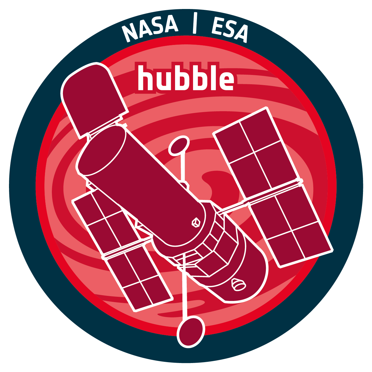 A red circle outlined in black. White letters at the top say "NASA / ESA". The Red Circle contains a white line drawing of the Hubble Space Telescope with the word "Hubble" above it.