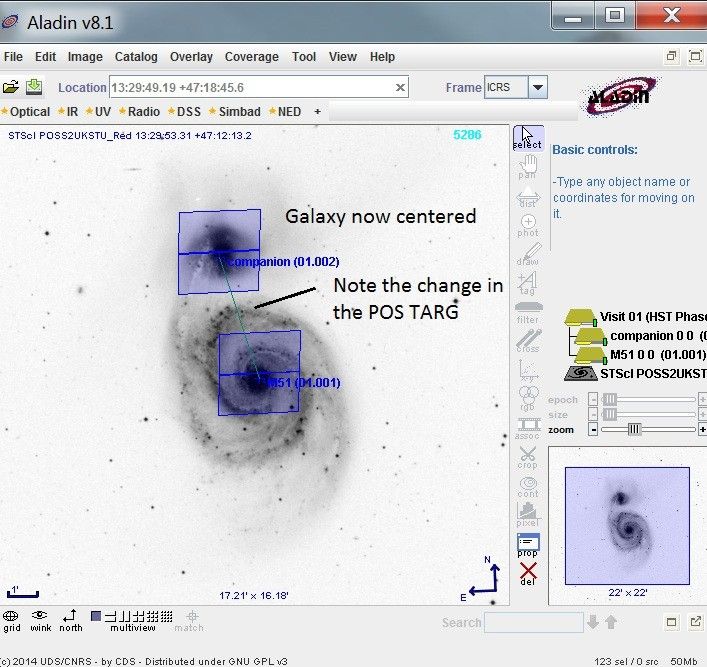 A screen capture of the Hubble Astronomer's Proposal Tool interface. It shows a negative image of the Whirlpool Galaxy along with the field of view for the Hubble instrument a researcher would like to use in their proposed observations.