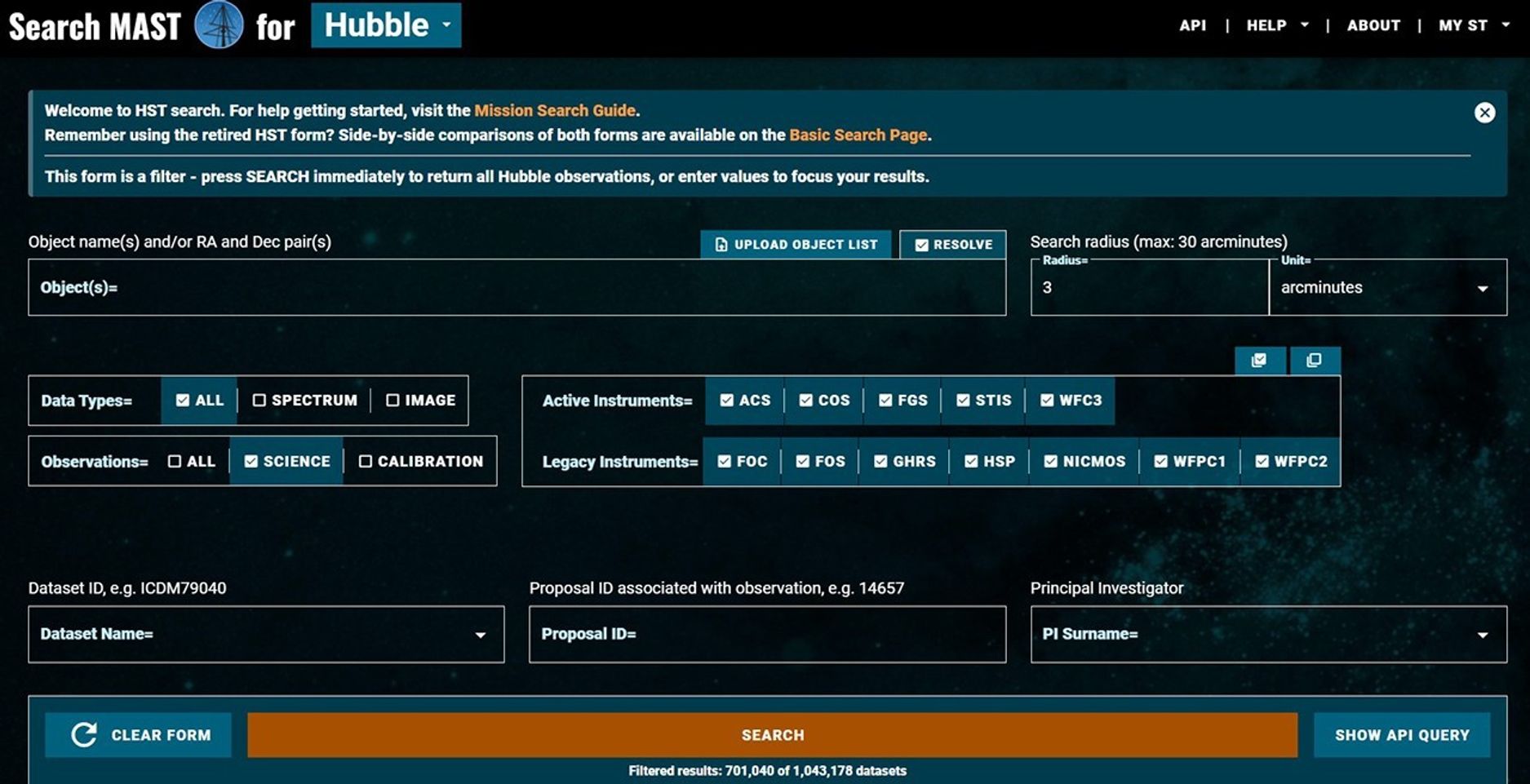 Screen capture of the Hubble MAST search page