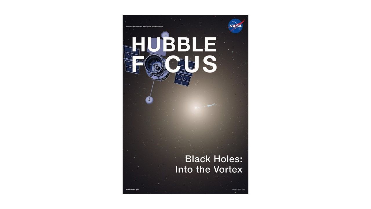 Hubble Focus: Black Holes e-Book Cover. An illustration of the Hubble Space Telescope with its opening facing the viewer and marking the "o" in Focus. An image of the giant galaxy M87 and its black - generated- jet fills most of the cover.