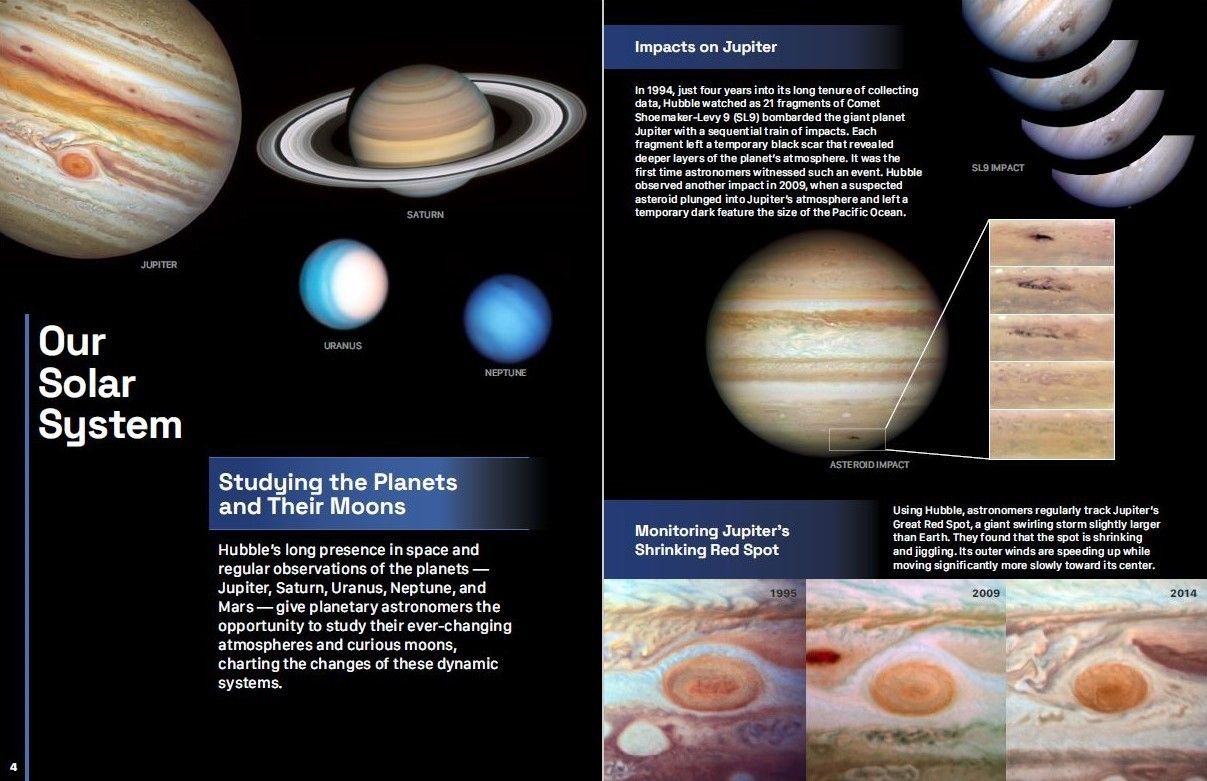 2-page spread from the "Our Solar System" section of the "Reshaping Our Cosmic Views: Hubble Science Highlights" e-book.