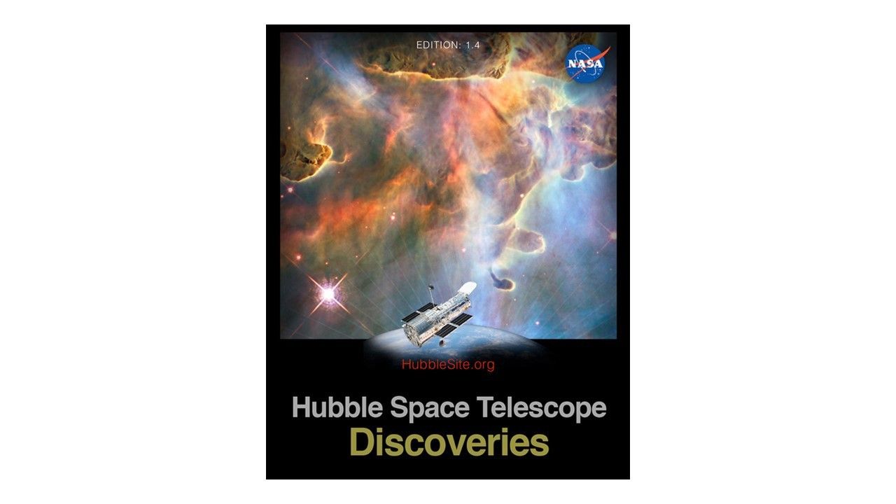 The upper three-fourths of the image holds a colorful nebula. The Hubble Space Telescope appears to be pointing to to nebula. The tltle, " Hubble Space Telescopes Discoveries," is displayed on the bottom quarter of the cover against a lack background. NASA's meatball logo is in the upper right corner.