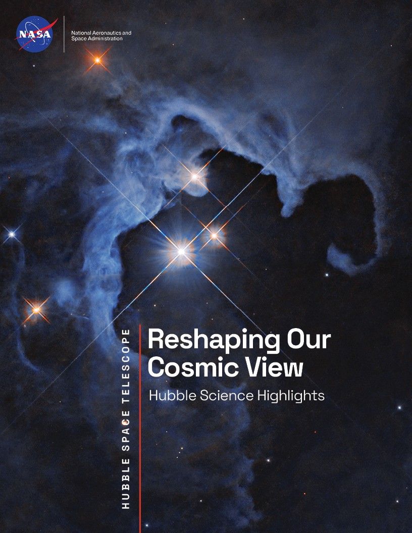 Reshaping Our Cosmic View: Hubble Science Highlights e-book cover. Three bright stars with diffraction spikes shine near the center-right of the image, illuminating nearby clouds that glow in pale blue. The clouds darken at the edges of the image, and are dotted with smaller stars, some also with diffraction spikes.