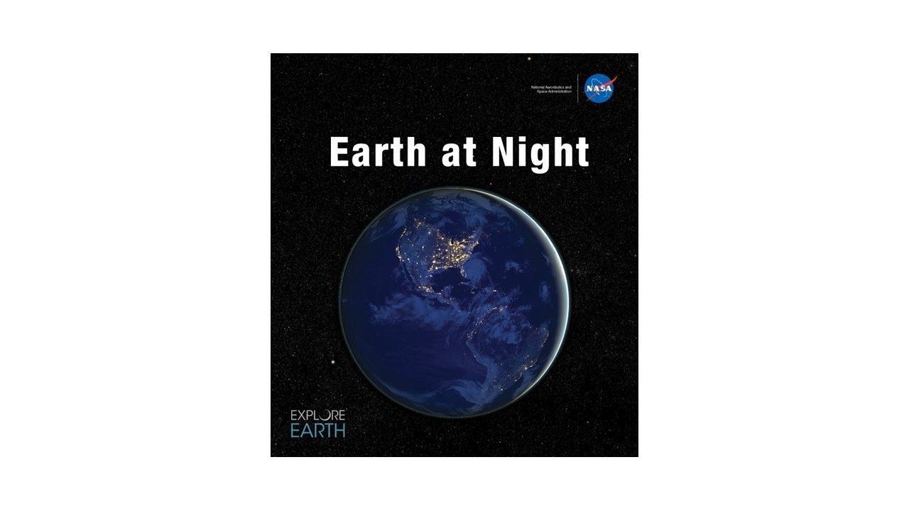 Earth at Night Cover. An image of Earth at night with cities in North America visible by their light. A sliver of a crescent of sunlight shines on the globe's right/east side.