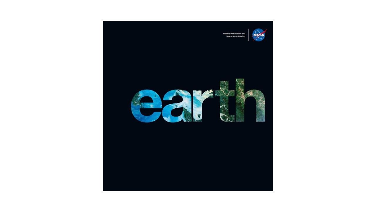 The words "earth" spelled out in lowercase letters/ Each letter holds a segment of an image of Earth. The background is black. NASA's logo is in the upper right corner.