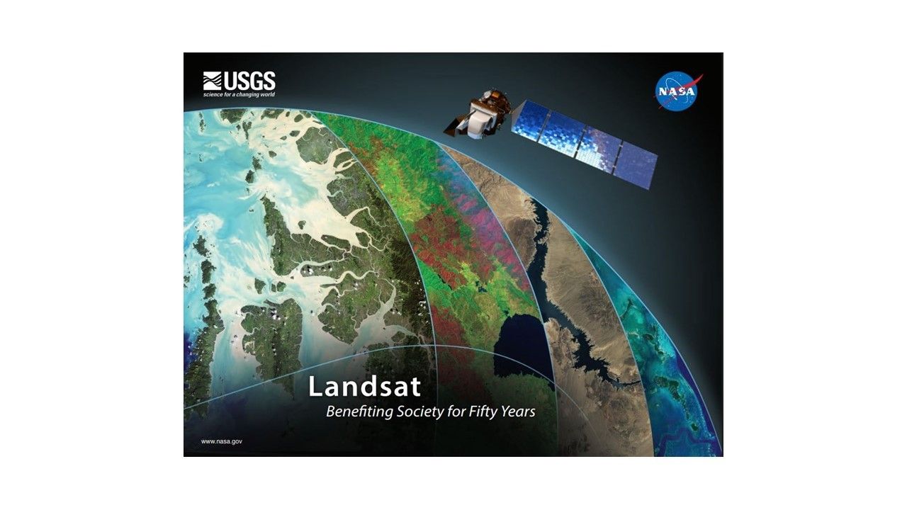 Different Landsat images are superimposed on a quarter-sphere. An artist illustration of  Landsat orbits above the sphere.
