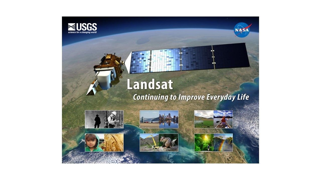 An image of North America with an illustration of Landsat superimposed on it. Six smaller images illustrate life on Earth.