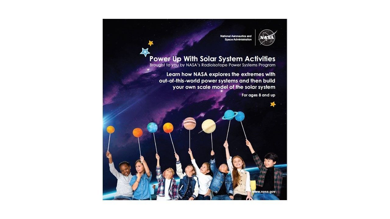 Along the bottom of the image, eight children hold up models of the planets in our solar system.