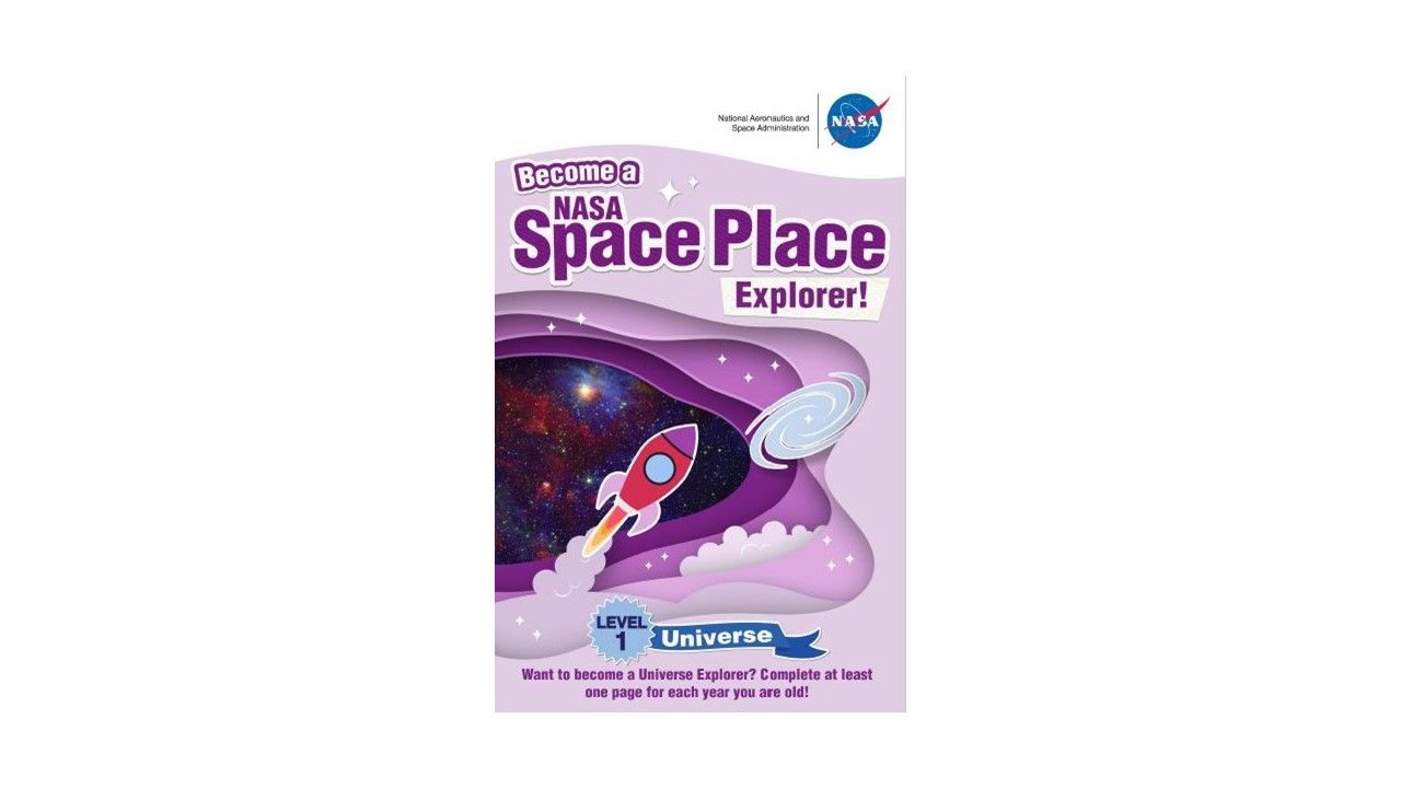 An image of a nebula is surrounded by various layers of purple that get lighter as you move out from the image. I cartoon drawing of a rocket taking off and of a spiral galaxy are in the foreground.