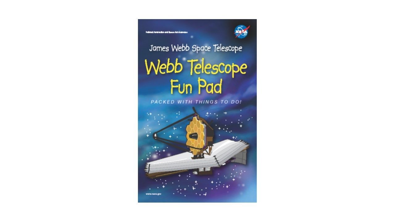 An artist's rendition of the James Webb Space Telescope against a colorful, cartoon-like background of stars and blue and purple gas.