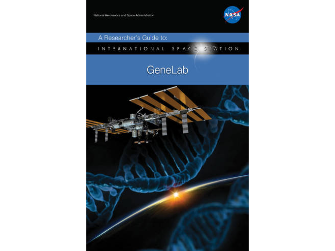 A black background includes ISS just under the title. Below ISS is a representation of a DNA double helix in blue. Below that is a sliver of Earth's limb with the rest of the planet in darkness. Another, slightly faded and out of focus, DNA double helix is in the lower-right corner below the Earth's limb.