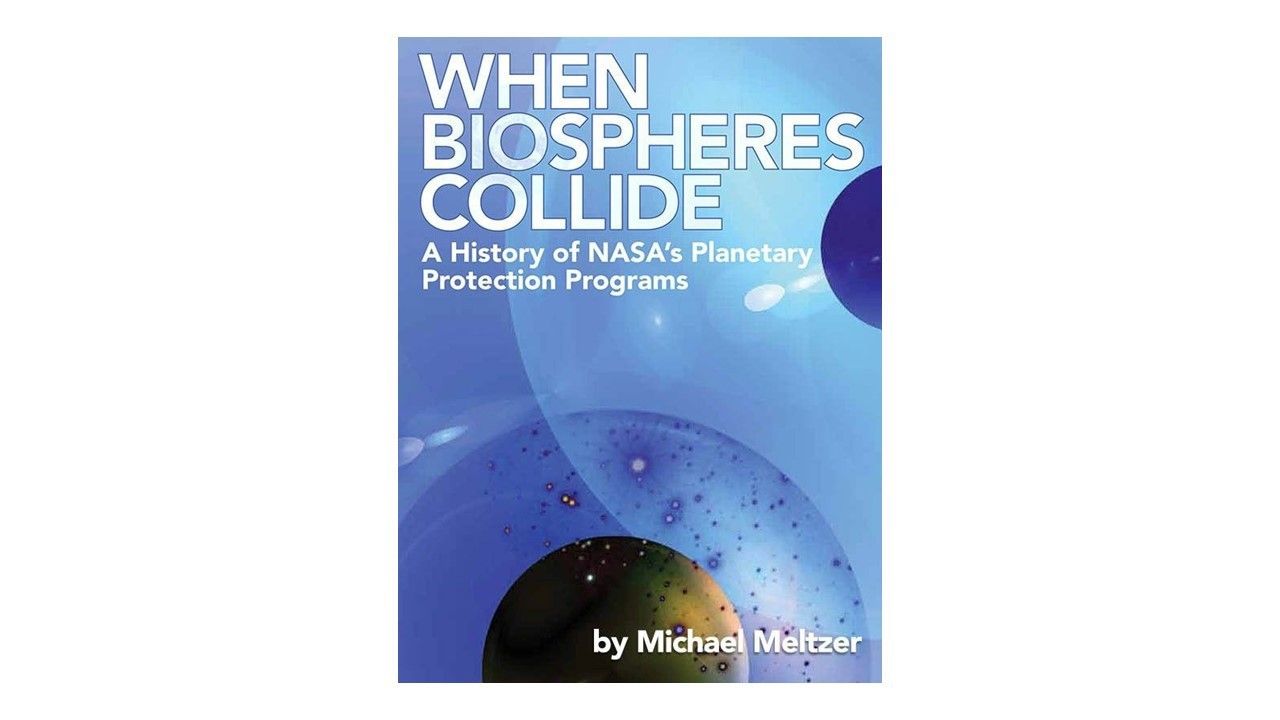 Blue cover holding a few spheres representing planets. One has what appears to be a bubble around it.
