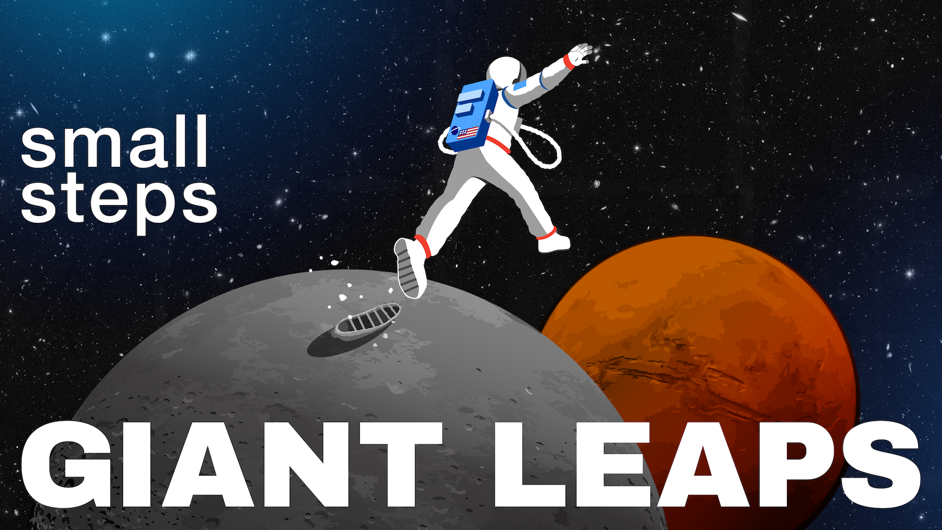 An illustration of an astronaut jumping from the moon toward Mars.