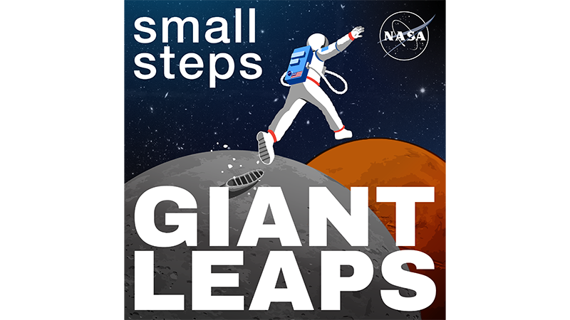 An illustration of an astronaut jumping from the moon toward Mars.