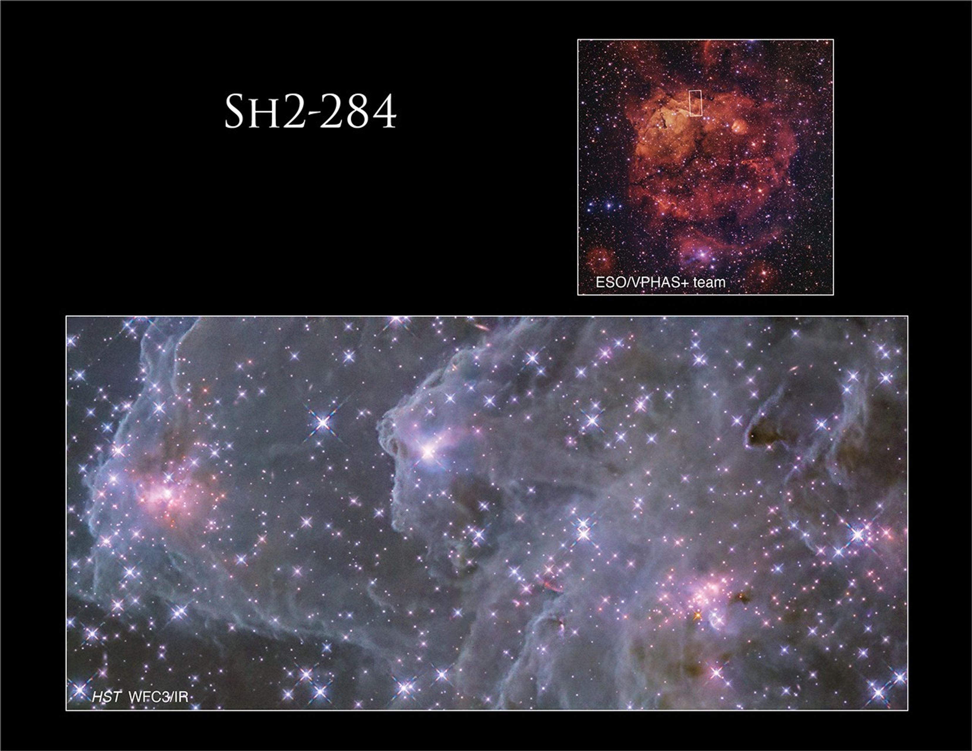 Reddish-colored, ground-based image of Shw-284 (top) contains a box that shows the location of the smaller but more detailed Hubble image (bottom). The gas clouds are more prominent in the ground-based image.