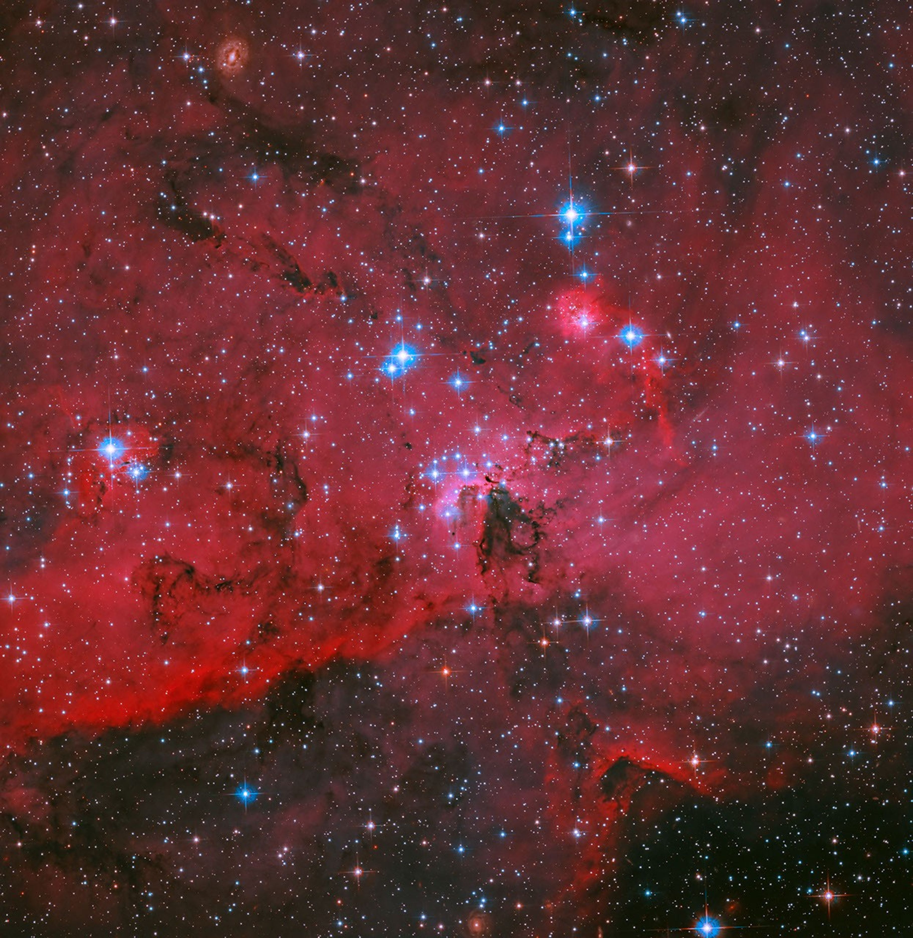 A Hubble image of blue and white stars are sprinkled throughout a landscape of red clouds of gas and dark, swirling lanes of dust. Many additional stars are visible in the dark background of space.