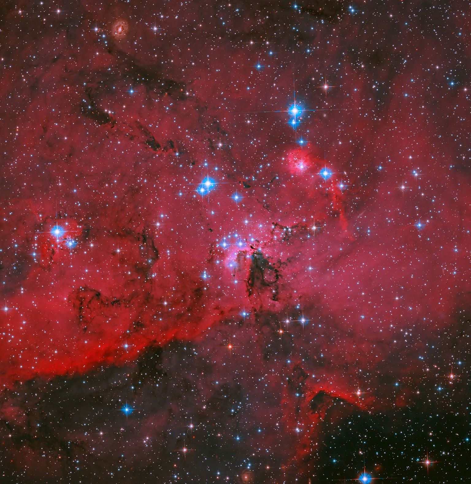 Una imagen de Hubble muestra estrellas azules y blancas esparcidas por todo un paisaje de nubes rojas de gas y franjas oscuras y arremolinadas de polvo. Muchas estrellas adicionales son visibles en el oscuro fondo del espacio.