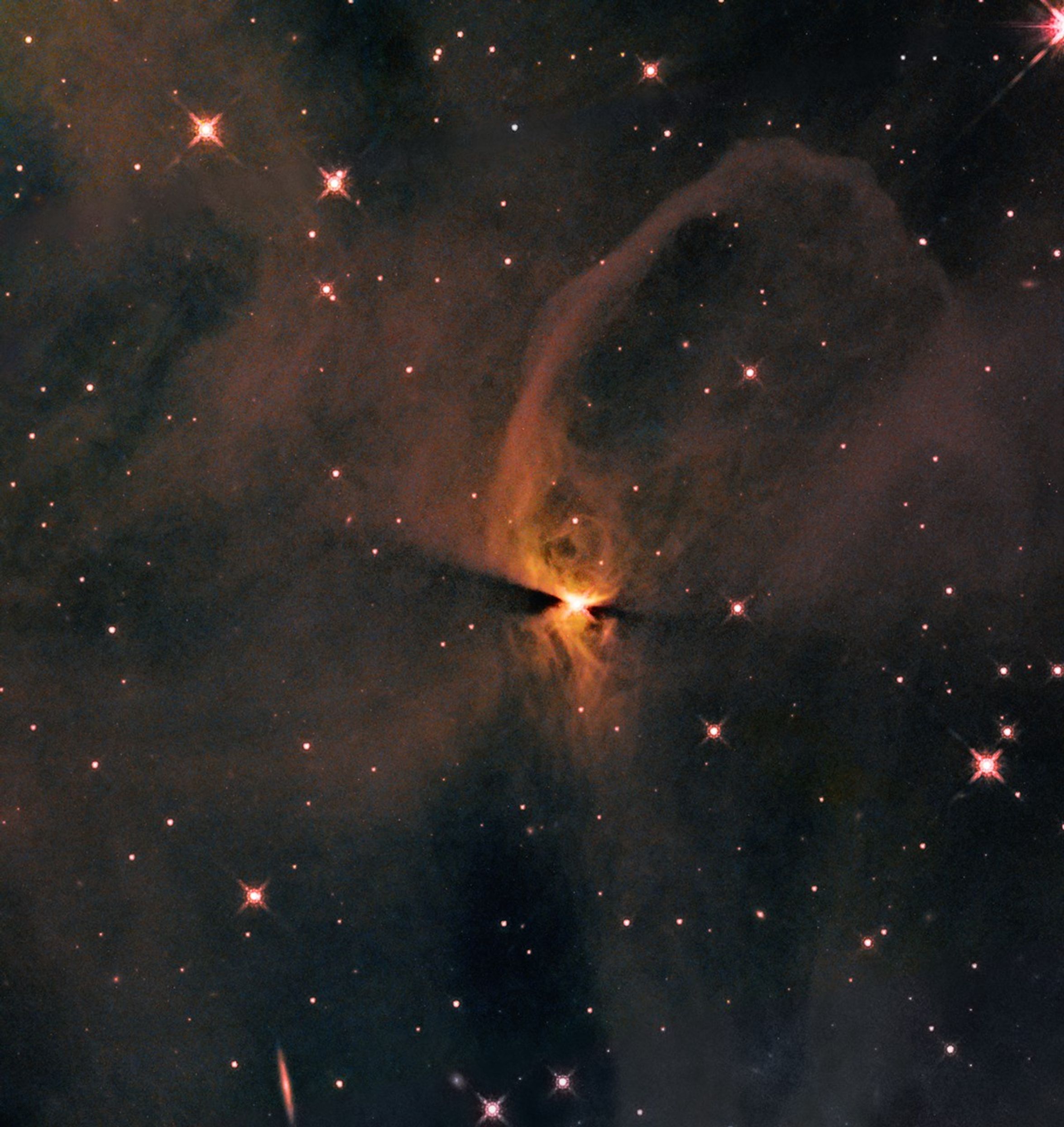 Orange glow of looping clouds emanates from bright-white central star. Dark dust lanes extend from the right and left of the central star.