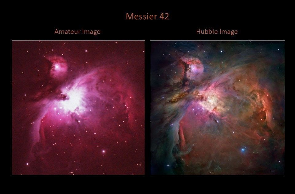 Left: amateur image, right: Hubble image of Messier 42. Left image holds a bright-white center surrounded by pink clouds. The background is dotted with pinkish-white stars. The right image reveals a colorful cloud in shades of pink, orange, rust, purple, green, and brown. It too holds a bright-white center and is dotted with blue-white clouds.