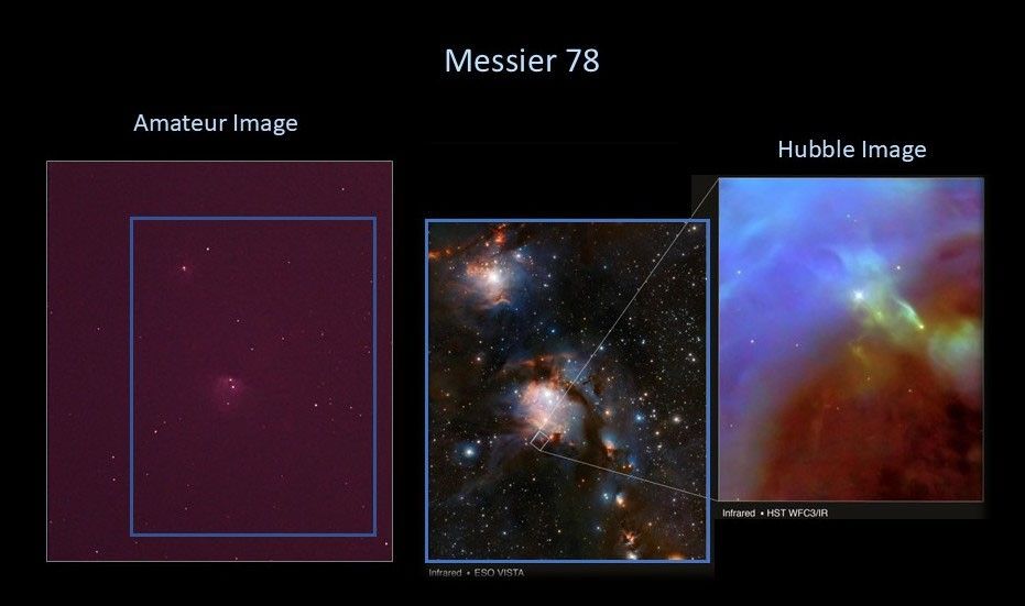 Left: amateur image, center: European Southern Observatory Image, right: Hubble image of Messier 78.