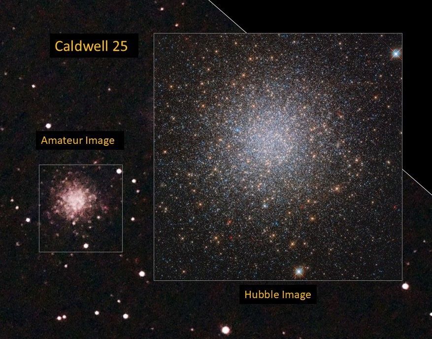 Left: amateur image, right: Hubble image of Caldwell 25. The left image holds a pinkish-white conglomerate of stars against a black background dotted with more stars. The right image resolves stars in the center of the cluster. Orange, blue, white, and red stars are splattered across the image, increasing in density toward the center of this ball of stars.