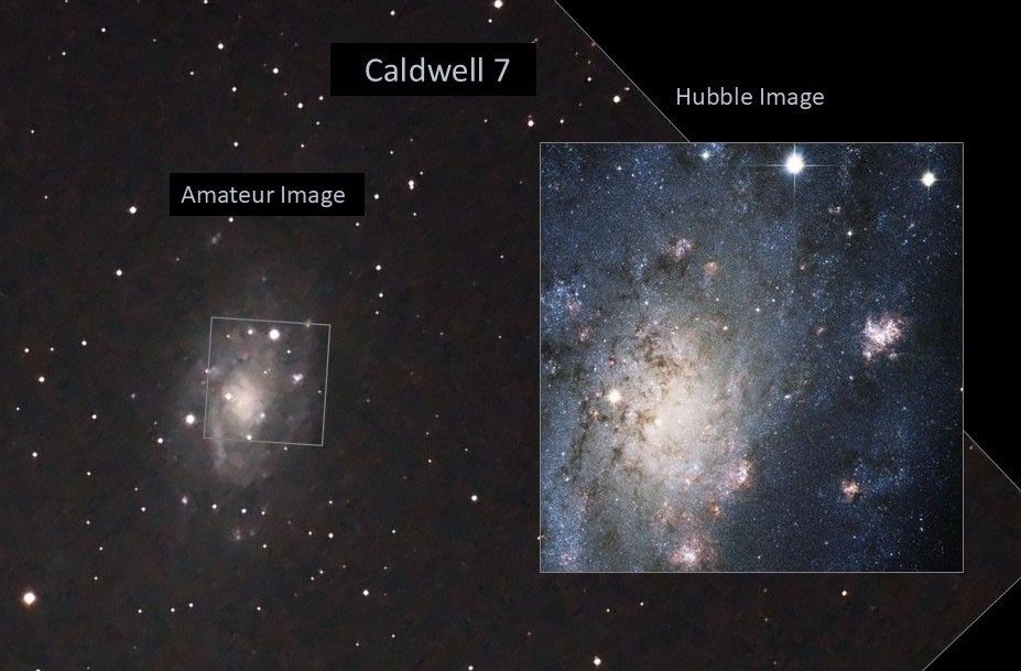 amateur image, right: Hubble image of Caldwell 7. The left image reveals a faint, nearly face-on galaxy. It has a bright-white core and faintly visible spiral arms. The right image reveals the galaxy's bright-white core with black dust lanes blocking some of its light. Bright, pinkish-white regions dot the galaxy, while blue stars and gas seem to surround the bright-white core, particularly on the left side of the image.