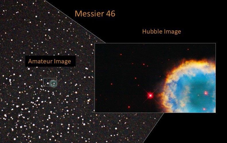 Left: amateur image, right: Hubble image of Messier 46. The left image shows a field of stars on a black background. A small area of the image shows a blue-green cloud ring with a bright-white star at its center. The right, Hubble, image shows a portion of a round cloud on the right side of the image. The cloud begins with a ring of red-orange, moves to a lighter orange to yellow-orange color. The center of circle is light blue with a fine ring of green. A bright-white star encircled with red rests at 9 o'clock , while smaller stars are in the center of the cloud and dotting the black background.