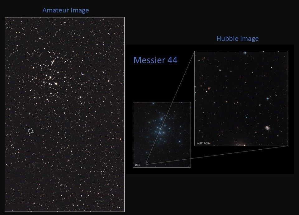 Left is an amateur image of a cluster of stars. The center image shows a ground-based image taken with the Digitized Sky Survey. A box in this image illustrates the region of the cluster Hubble captured. The right image is a Hubble image.