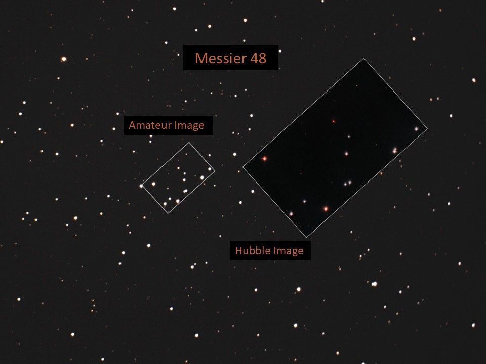 Left: amateur image, right: Hubble image of Messier 48 both images show a black background dotted with stars.