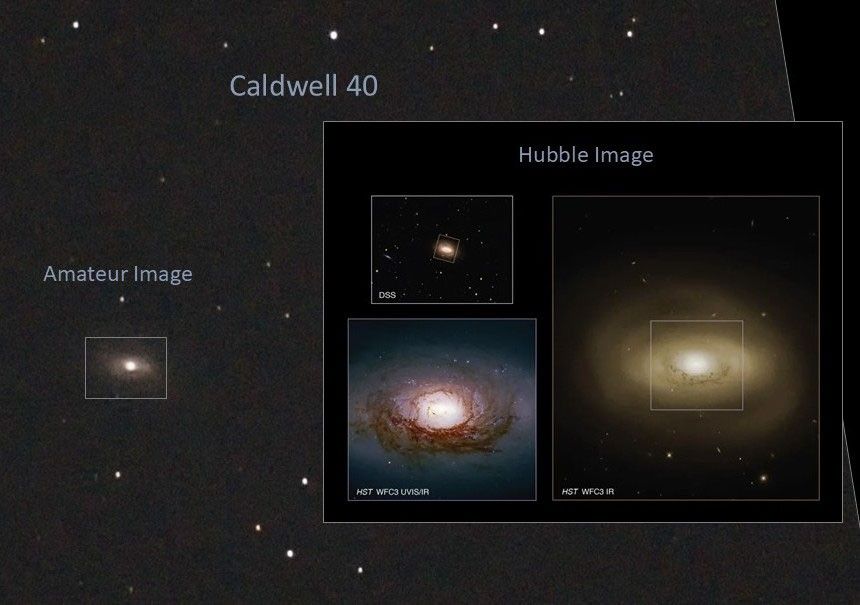 Left: amateur image, right: Hubble image of Caldwell 40. This appears like a bright disk surrounded by a swirl of darker clouds.