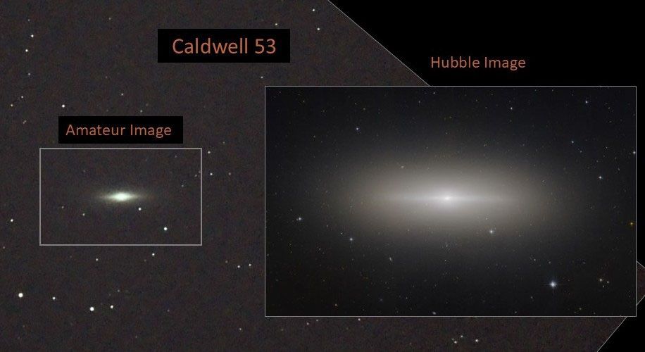 Left: amateur image, right: Hubble image of Caldwell 53. Both images show a lenticular galaxy against a star-dotted black background. The Hubble image reveals more detail in the galaxy.